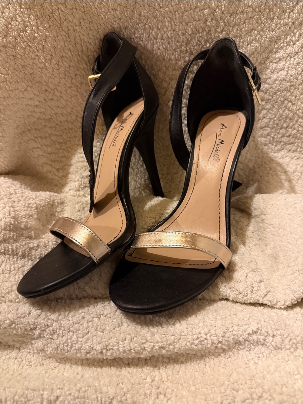 Anne Michelle Black and Gold Open-Toe Ankle-Strap Heels